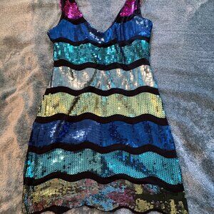 As U Wish Sequence Multicolor Striped Scallop Hem Lined Dress Size S
